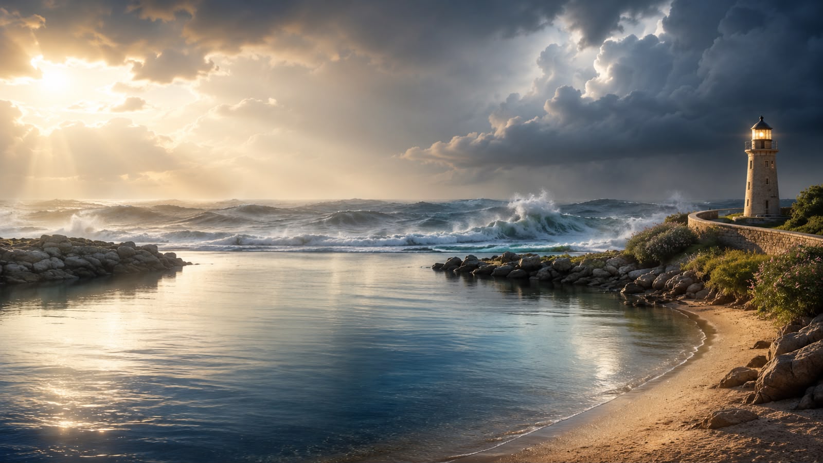 A lighthouse standing steady over a calm shore beneath a dramatic sky